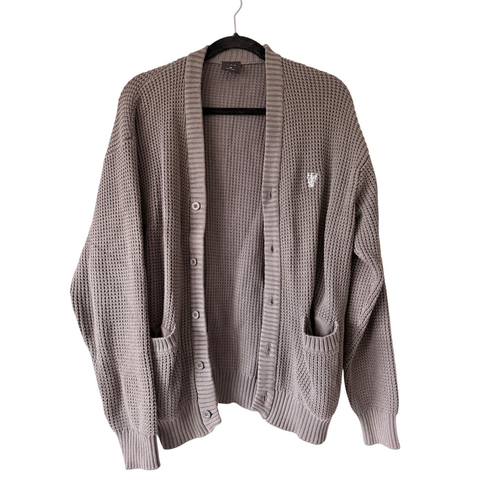 HUF Mens Waffle Knit‎ Cardigan Sweater Charcoal Grey Embroidered Logo Size M